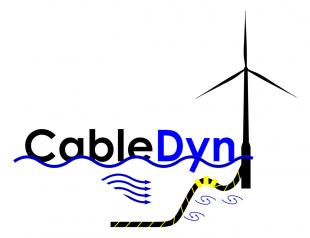 CableDyn project logo with black and blue lettering, blue wavey lines and an undersea cable leading to an offshore turbine